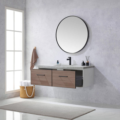 Vinnova Caparroso 48" Single Sink Floating Bathroom Vanity In Light Walnut And Matte Black Hardware Finish With Grey Sintered Stone Top And Mirror