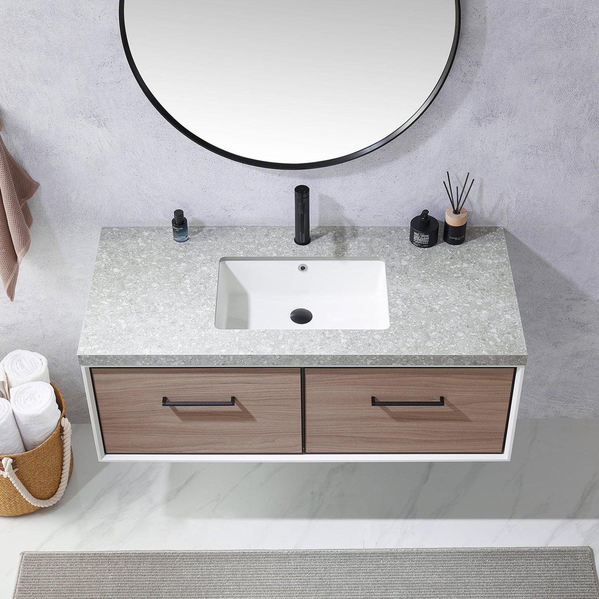 Vinnova Caparroso 48" Single Sink Floating Bathroom Vanity In Light Walnut And Matte Black Hardware Finish With Grey Sintered Stone Top And Mirror