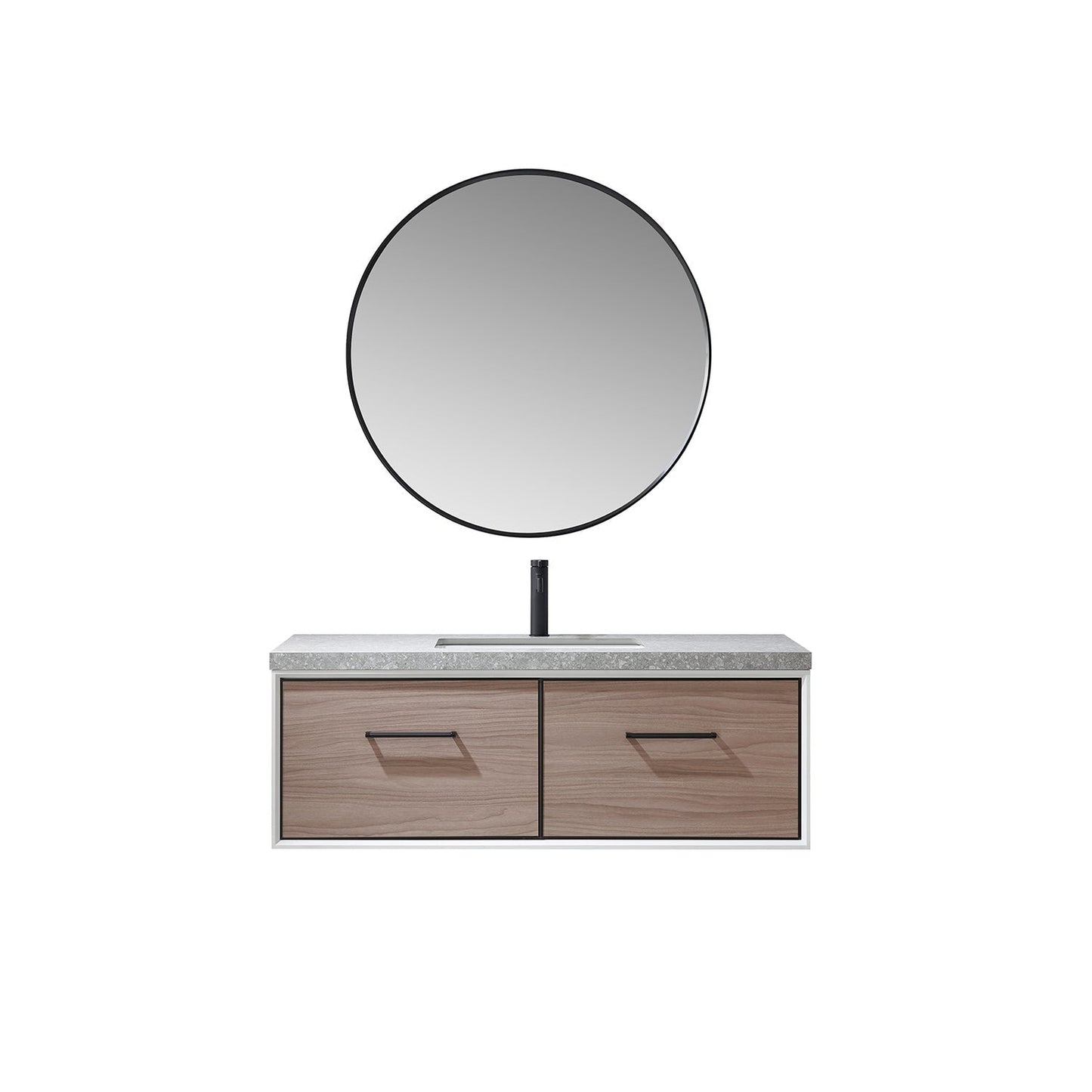 Vinnova Caparroso 48" Single Sink Floating Bathroom Vanity In Light Walnut And Matte Black Hardware Finish With Grey Sintered Stone Top And Mirror