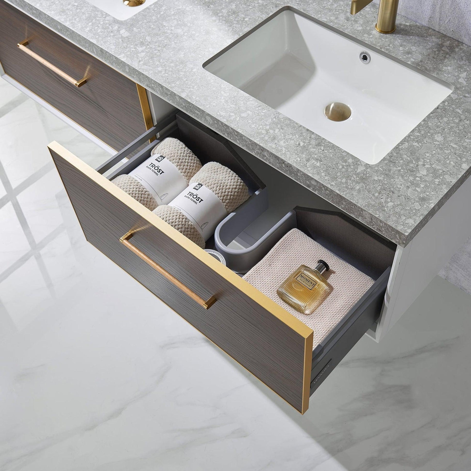 Vinnova Caparroso 60" Double Sink Floating Bathroom Vanity In Dark Walnut And Brushed Gold Hardware Finish With Grey Sintered Stone Top