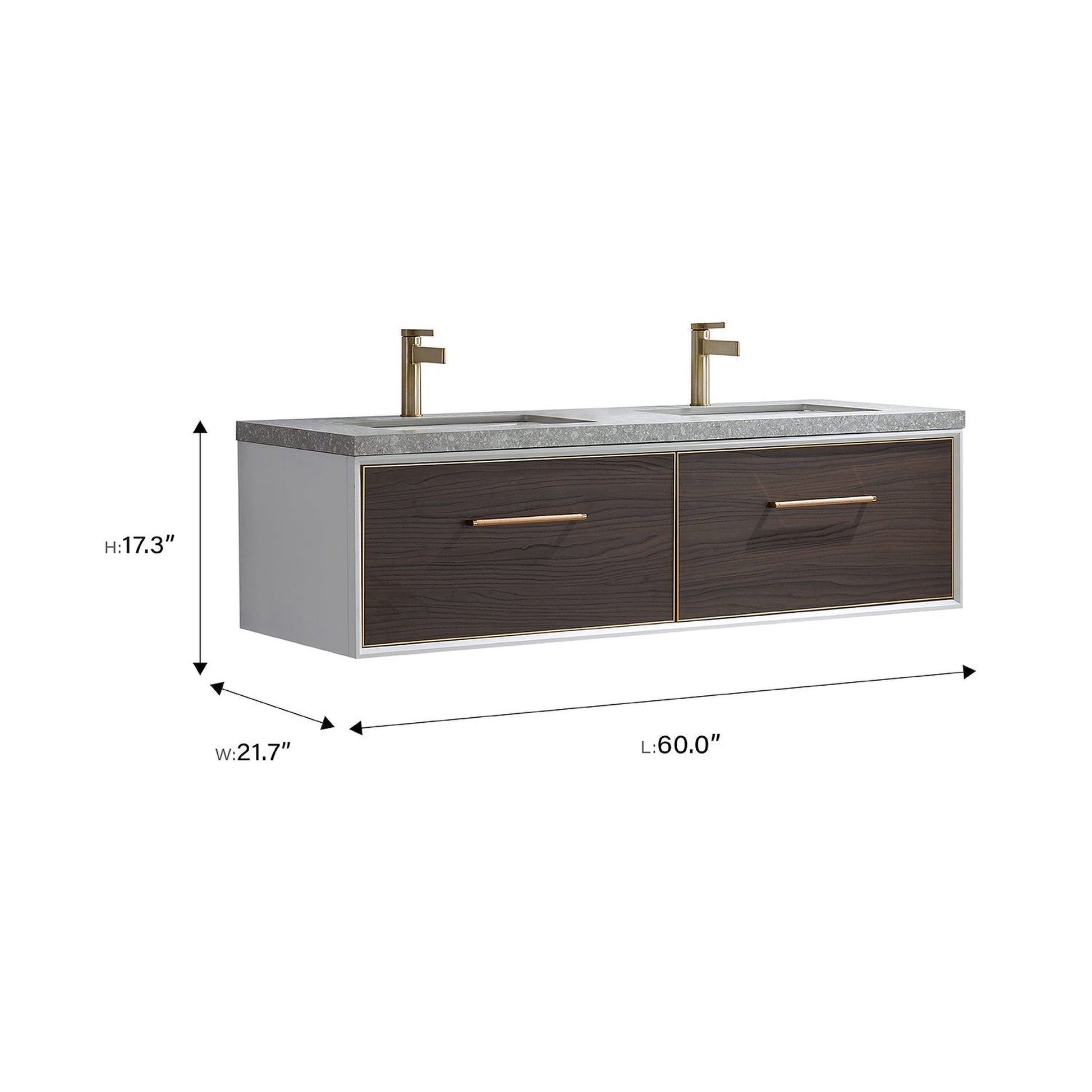 Vinnova Caparroso 60" Double Sink Floating Bathroom Vanity In Dark Walnut And Brushed Gold Hardware Finish With Grey Sintered Stone Top