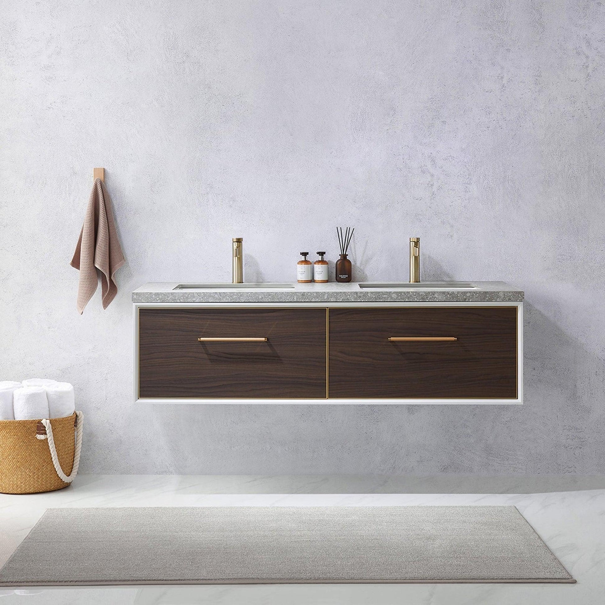 Vinnova Caparroso 60" Double Sink Floating Bathroom Vanity In Dark Walnut And Brushed Gold Hardware Finish With Grey Sintered Stone Top