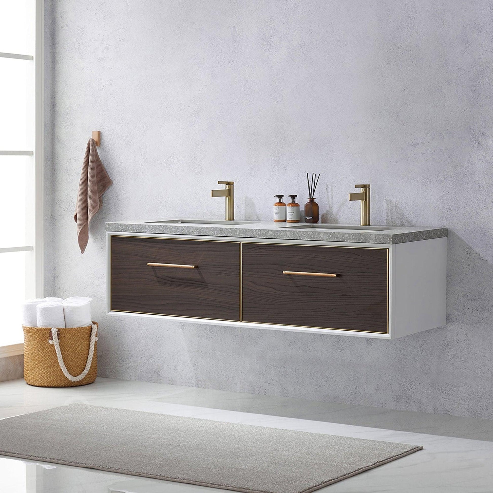 Vinnova Caparroso 60" Double Sink Floating Bathroom Vanity In Dark Walnut And Brushed Gold Hardware Finish With Grey Sintered Stone Top