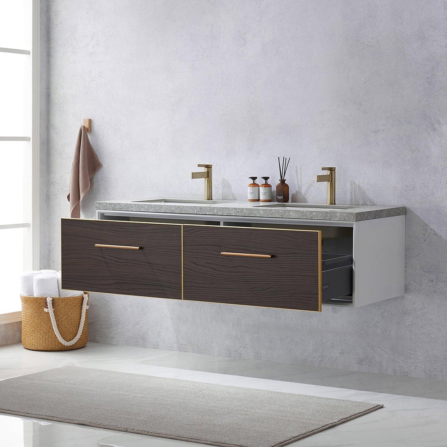 Vinnova Caparroso 60" Double Sink Floating Bathroom Vanity In Dark Walnut And Brushed Gold Hardware Finish With Grey Sintered Stone Top