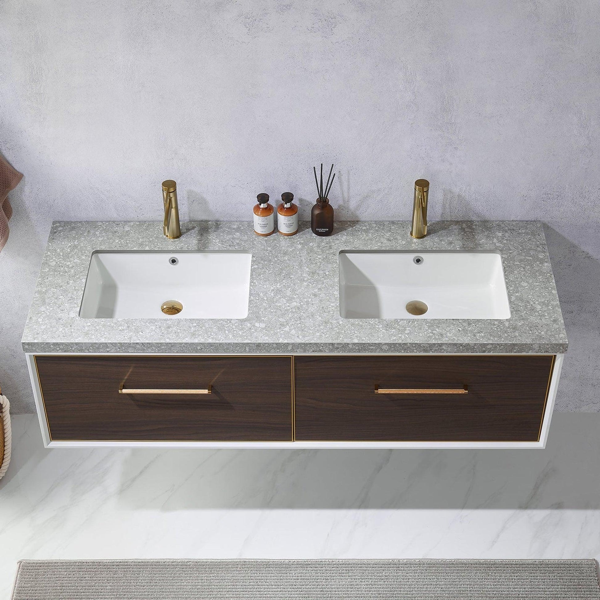 Vinnova Caparroso 60" Double Sink Floating Bathroom Vanity In Dark Walnut And Brushed Gold Hardware Finish With Grey Sintered Stone Top