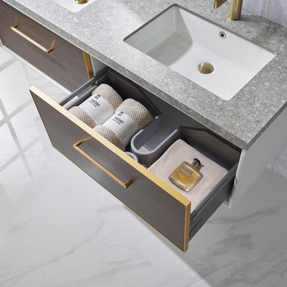 Vinnova Caparroso 60" Double Sink Floating Bathroom Vanity In Dark Walnut And Brushed Gold Hardware Finish With Grey Sintered Stone Top And Mirror