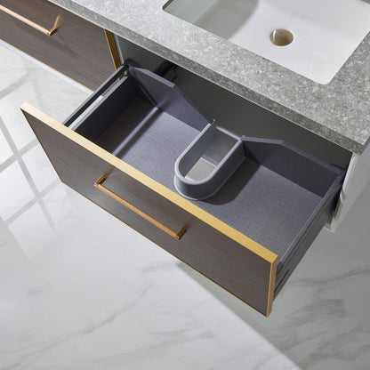 Vinnova Caparroso 60" Double Sink Floating Bathroom Vanity In Dark Walnut And Brushed Gold Hardware Finish With Grey Sintered Stone Top And Mirror