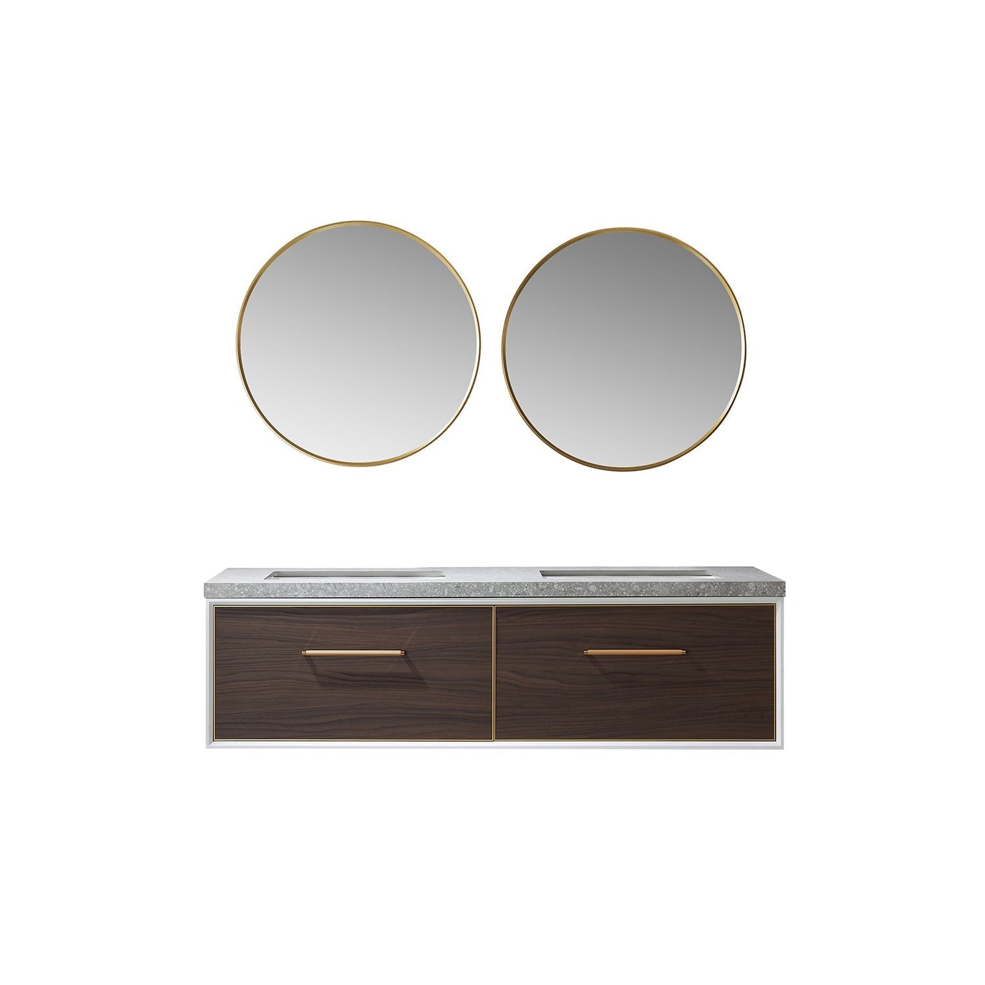 Vinnova Caparroso 60" Double Sink Floating Bathroom Vanity In Dark Walnut And Brushed Gold Hardware Finish With Grey Sintered Stone Top And Mirror