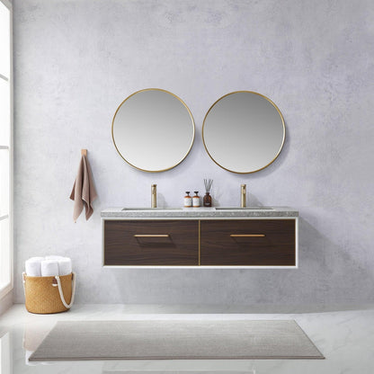 Vinnova Caparroso 60" Double Sink Floating Bathroom Vanity In Dark Walnut And Brushed Gold Hardware Finish With Grey Sintered Stone Top And Mirror