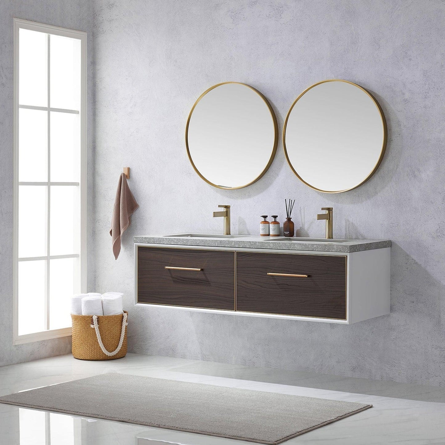 Vinnova Caparroso 60" Double Sink Floating Bathroom Vanity In Dark Walnut And Brushed Gold Hardware Finish With Grey Sintered Stone Top And Mirror