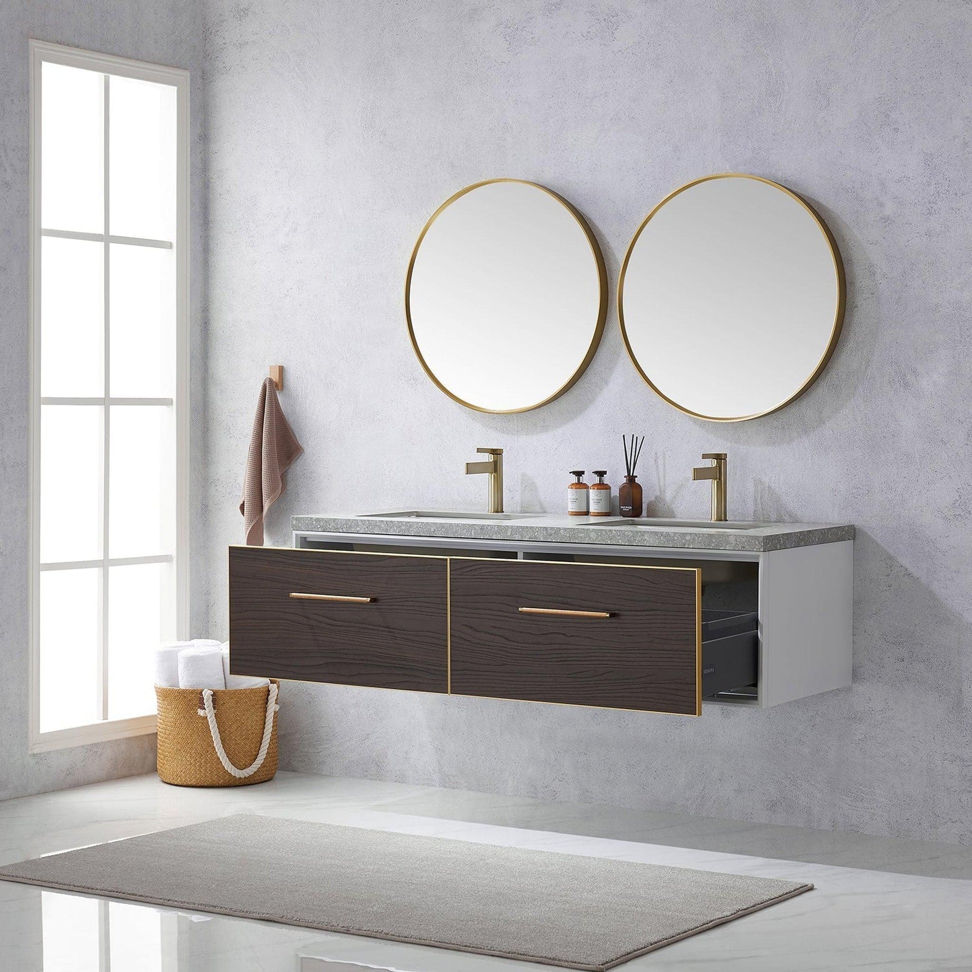 Vinnova Caparroso 60" Double Sink Floating Bathroom Vanity In Dark Walnut And Brushed Gold Hardware Finish With Grey Sintered Stone Top And Mirror