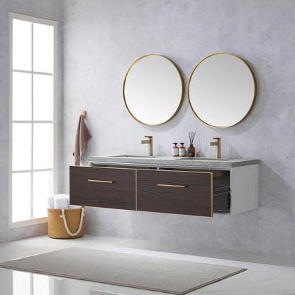 Vinnova Caparroso 60" Double Sink Floating Bathroom Vanity In Dark Walnut And Brushed Gold Hardware Finish With Grey Sintered Stone Top And Mirror