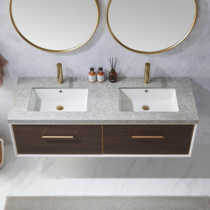 Vinnova Caparroso 60" Double Sink Floating Bathroom Vanity In Dark Walnut And Brushed Gold Hardware Finish With Grey Sintered Stone Top And Mirror