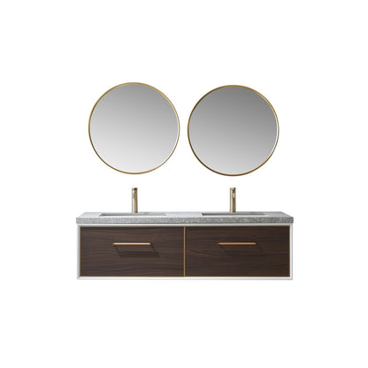 Vinnova Caparroso 60" Double Sink Floating Bathroom Vanity In Dark Walnut And Brushed Gold Hardware Finish With Grey Sintered Stone Top And Mirror