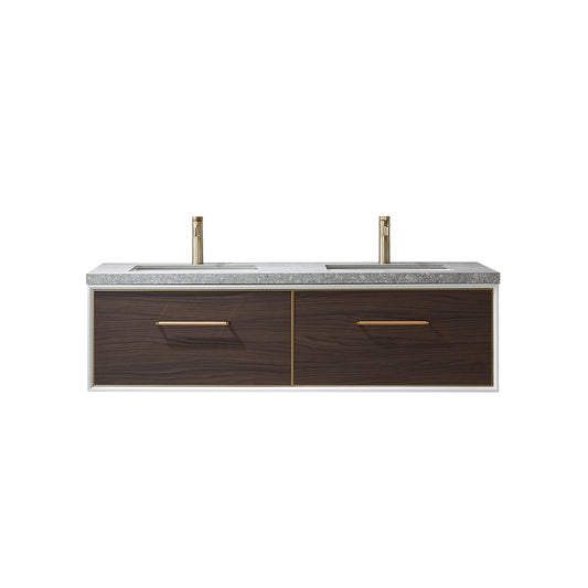 Vinnova Caparroso 60" Double Sink Floating Bathroom Vanity In Dark Walnut And Brushed Gold Hardware Finish With Grey Sintered Stone Top