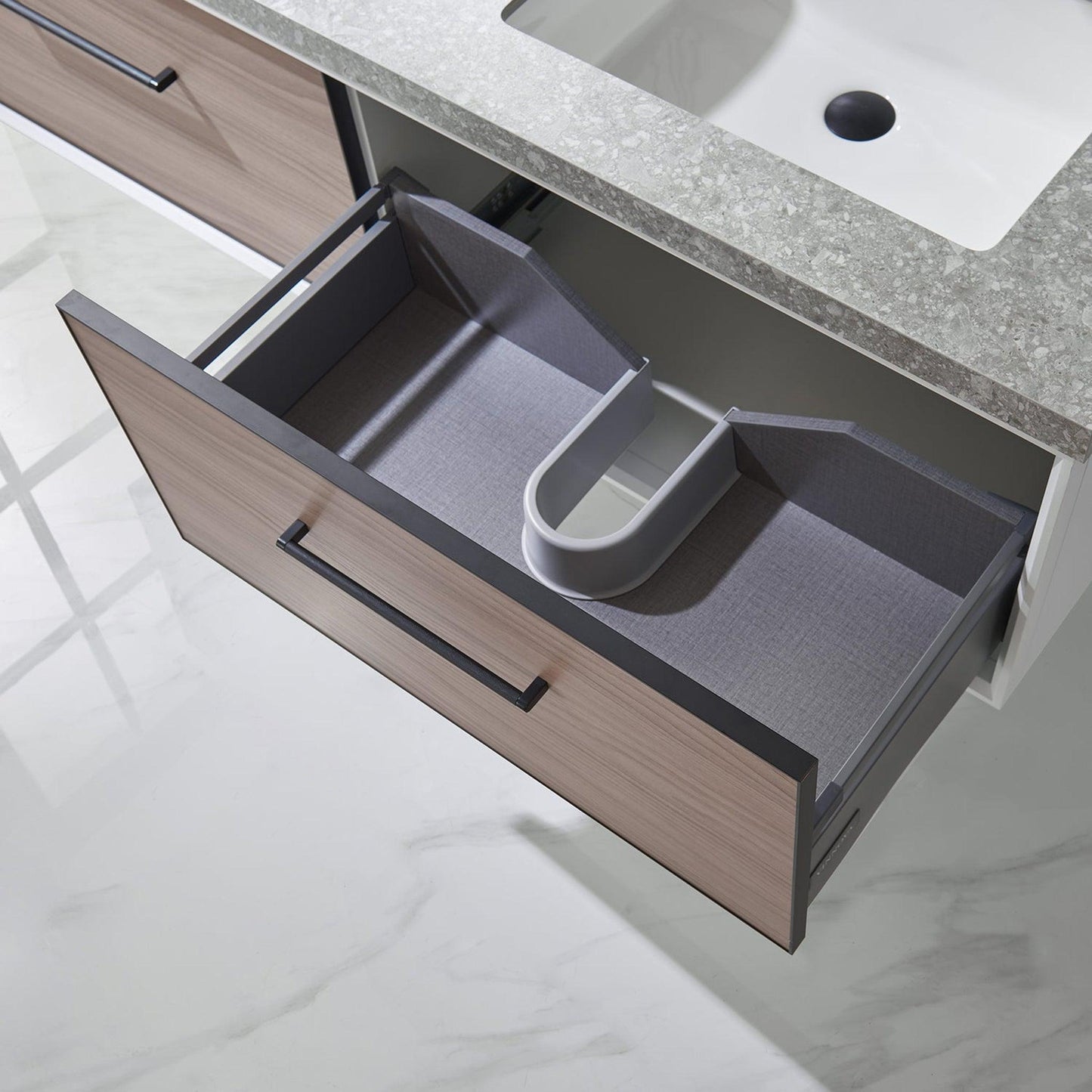 Vinnova Caparroso 60" Double Sink Floating Bathroom Vanity In Light Walnut And Matte Black Hardware Finish With Grey Sintered Stone Top