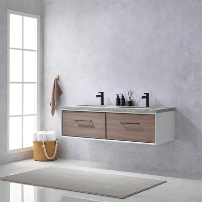 Vinnova Caparroso 60" Double Sink Floating Bathroom Vanity In Light Walnut And Matte Black Hardware Finish With Grey Sintered Stone Top