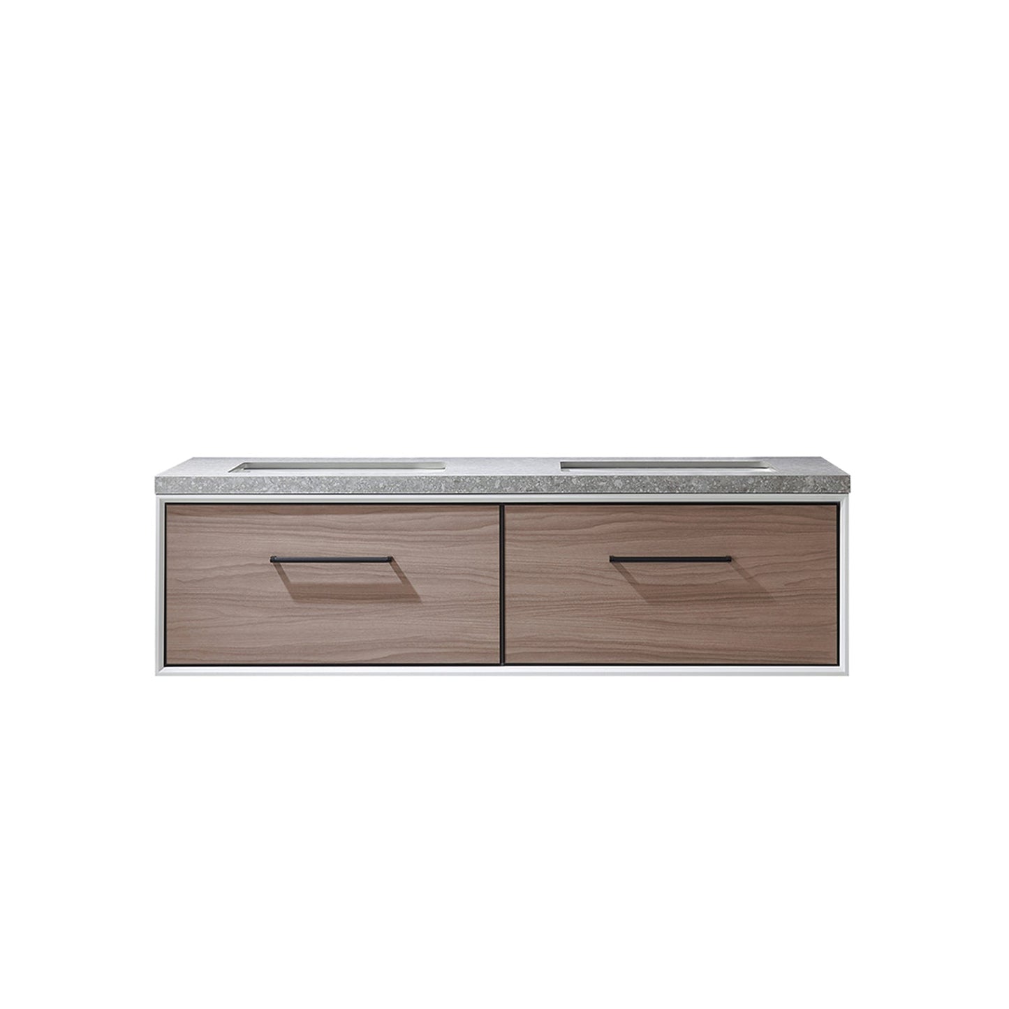 Vinnova Caparroso 60" Double Sink Floating Bathroom Vanity In Light Walnut And Matte Black Hardware Finish With Grey Sintered Stone Top