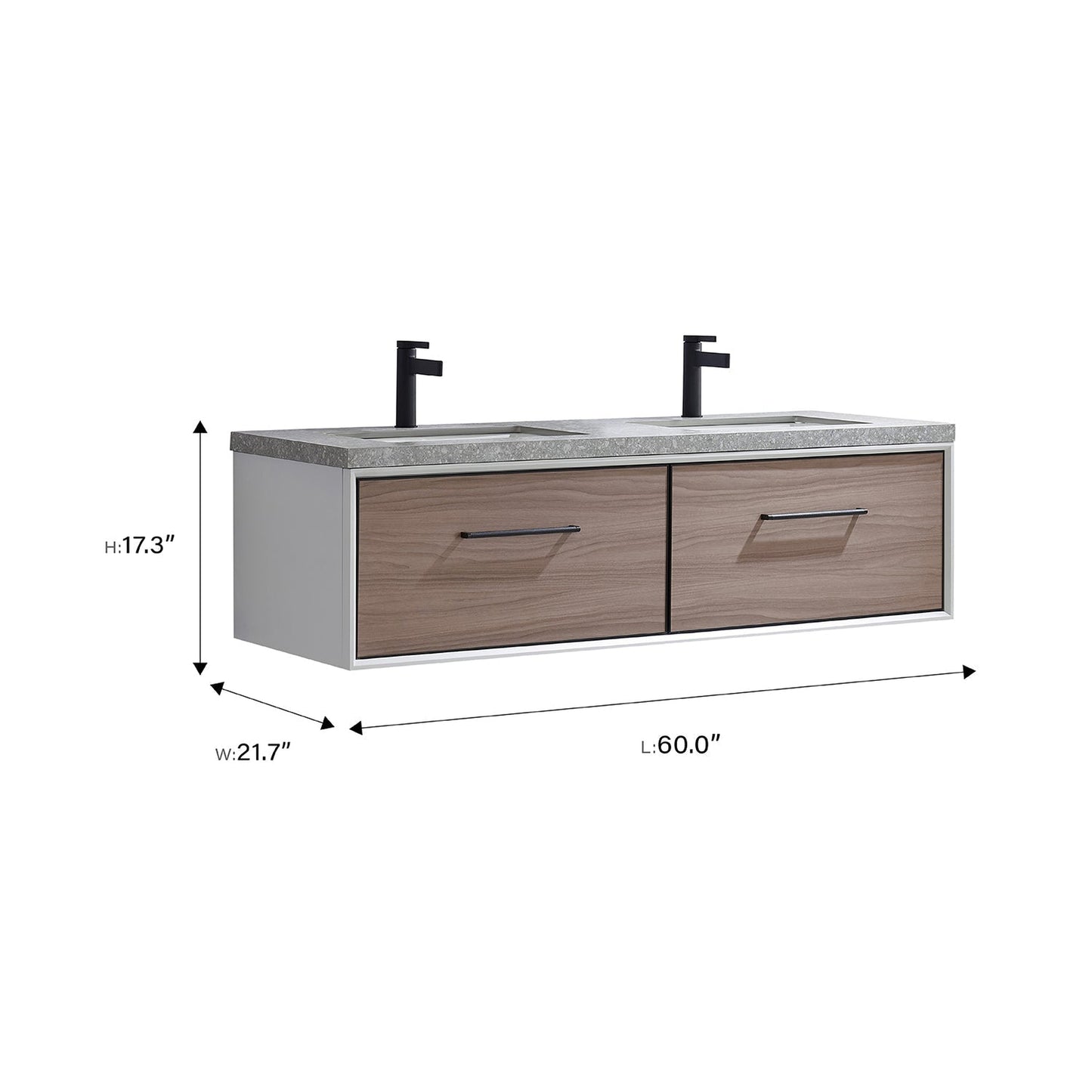 Vinnova Caparroso 60" Double Sink Floating Bathroom Vanity In Light Walnut And Matte Black Hardware Finish With Grey Sintered Stone Top