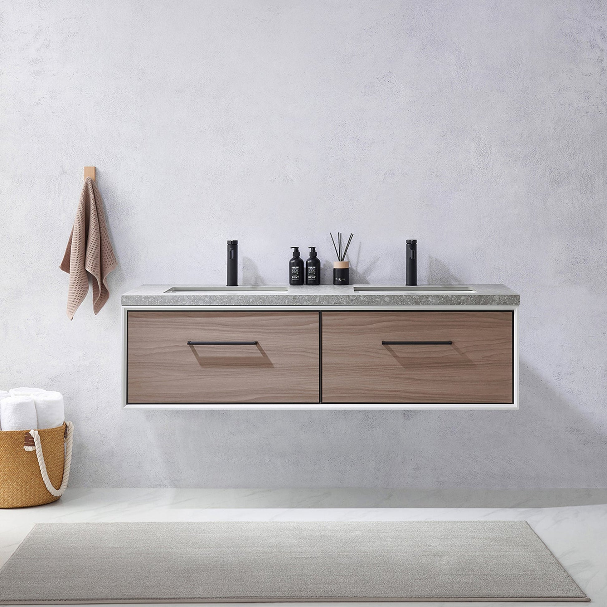 Vinnova Caparroso 60" Double Sink Floating Bathroom Vanity In Light Walnut And Matte Black Hardware Finish With Grey Sintered Stone Top