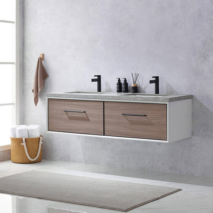 Vinnova Caparroso 60" Double Sink Floating Bathroom Vanity In Light Walnut And Matte Black Hardware Finish With Grey Sintered Stone Top