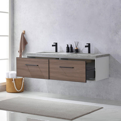 Vinnova Caparroso 60" Double Sink Floating Bathroom Vanity In Light Walnut And Matte Black Hardware Finish With Grey Sintered Stone Top