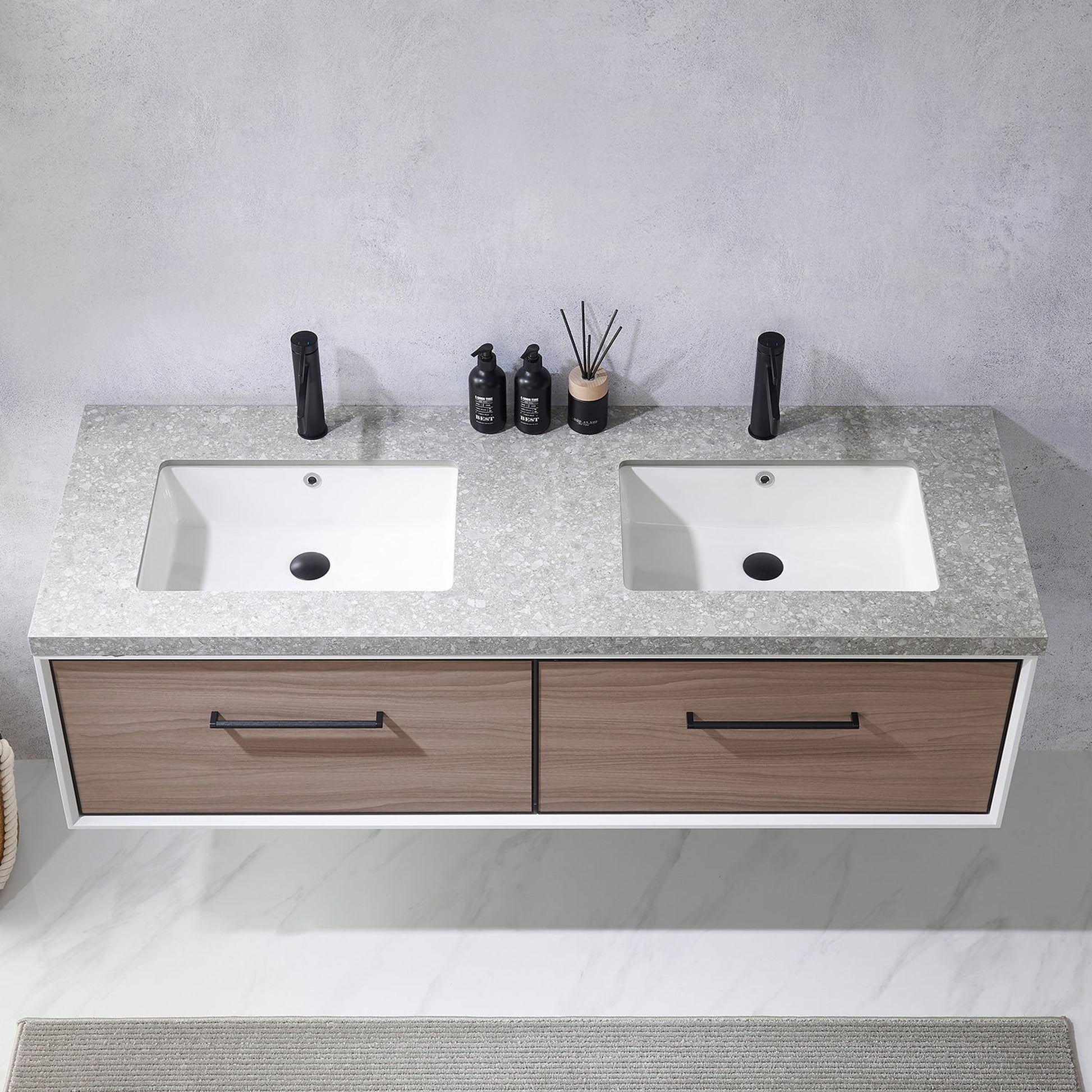 Vinnova Caparroso 60" Double Sink Floating Bathroom Vanity In Light Walnut And Matte Black Hardware Finish With Grey Sintered Stone Top