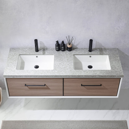 Vinnova Caparroso 60" Double Sink Floating Bathroom Vanity In Light Walnut And Matte Black Hardware Finish With Grey Sintered Stone Top