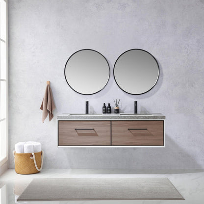 Vinnova Caparroso 60" Double Sink Floating Bathroom Vanity In Light Walnut And Matte Black Hardware Finish With Grey Sintered Stone Top And Mirror