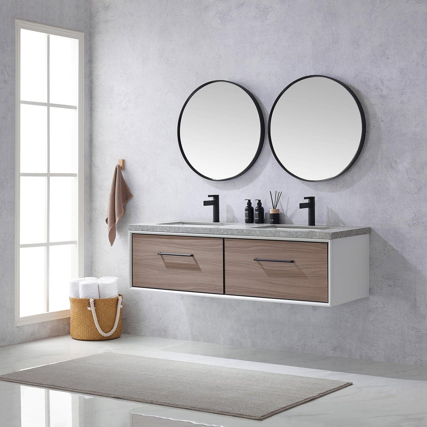 Vinnova Caparroso 60" Double Sink Floating Bathroom Vanity In Light Walnut And Matte Black Hardware Finish With Grey Sintered Stone Top And Mirror