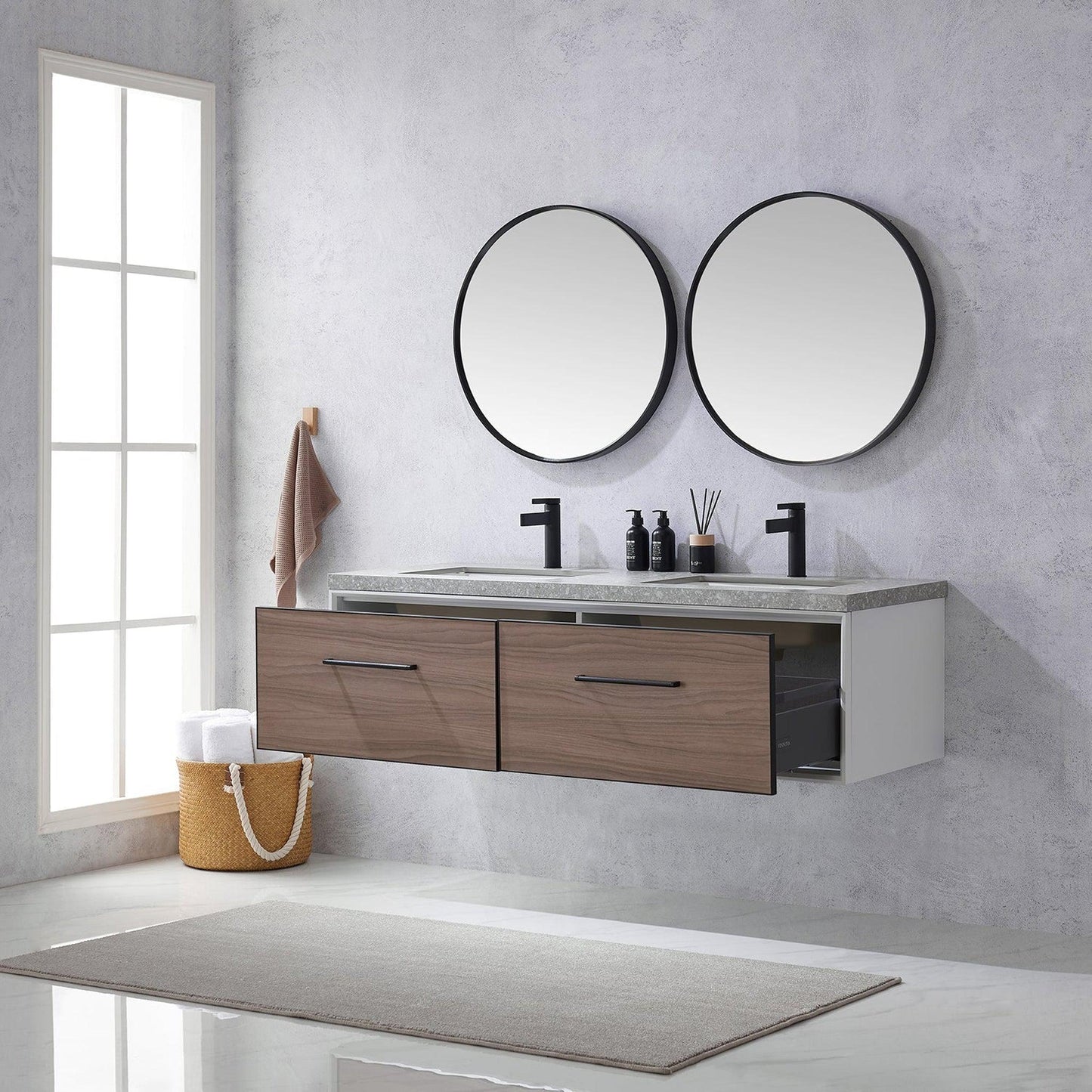 Vinnova Caparroso 60" Double Sink Floating Bathroom Vanity In Light Walnut And Matte Black Hardware Finish With Grey Sintered Stone Top And Mirror