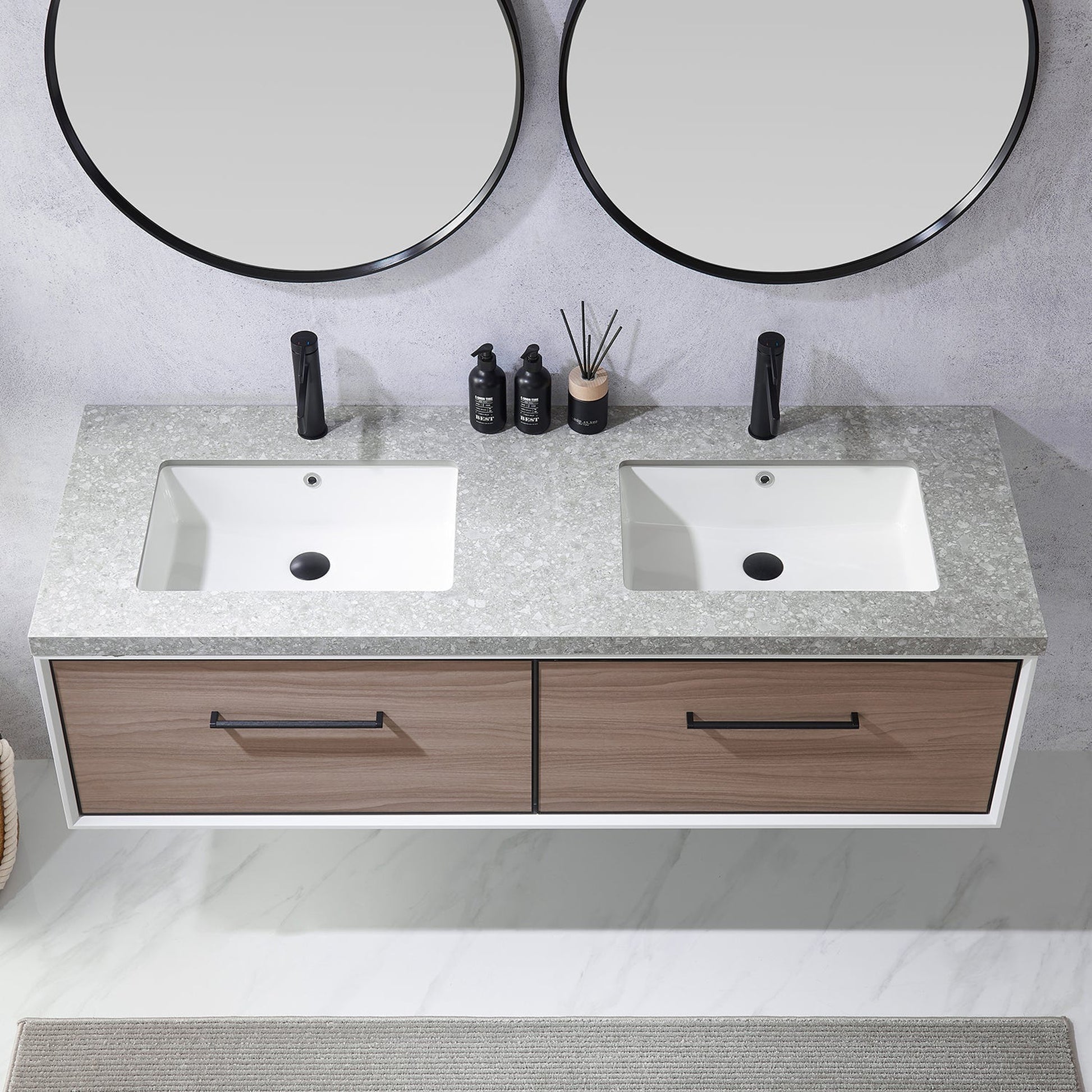 Vinnova Caparroso 60" Double Sink Floating Bathroom Vanity In Light Walnut And Matte Black Hardware Finish With Grey Sintered Stone Top And Mirror