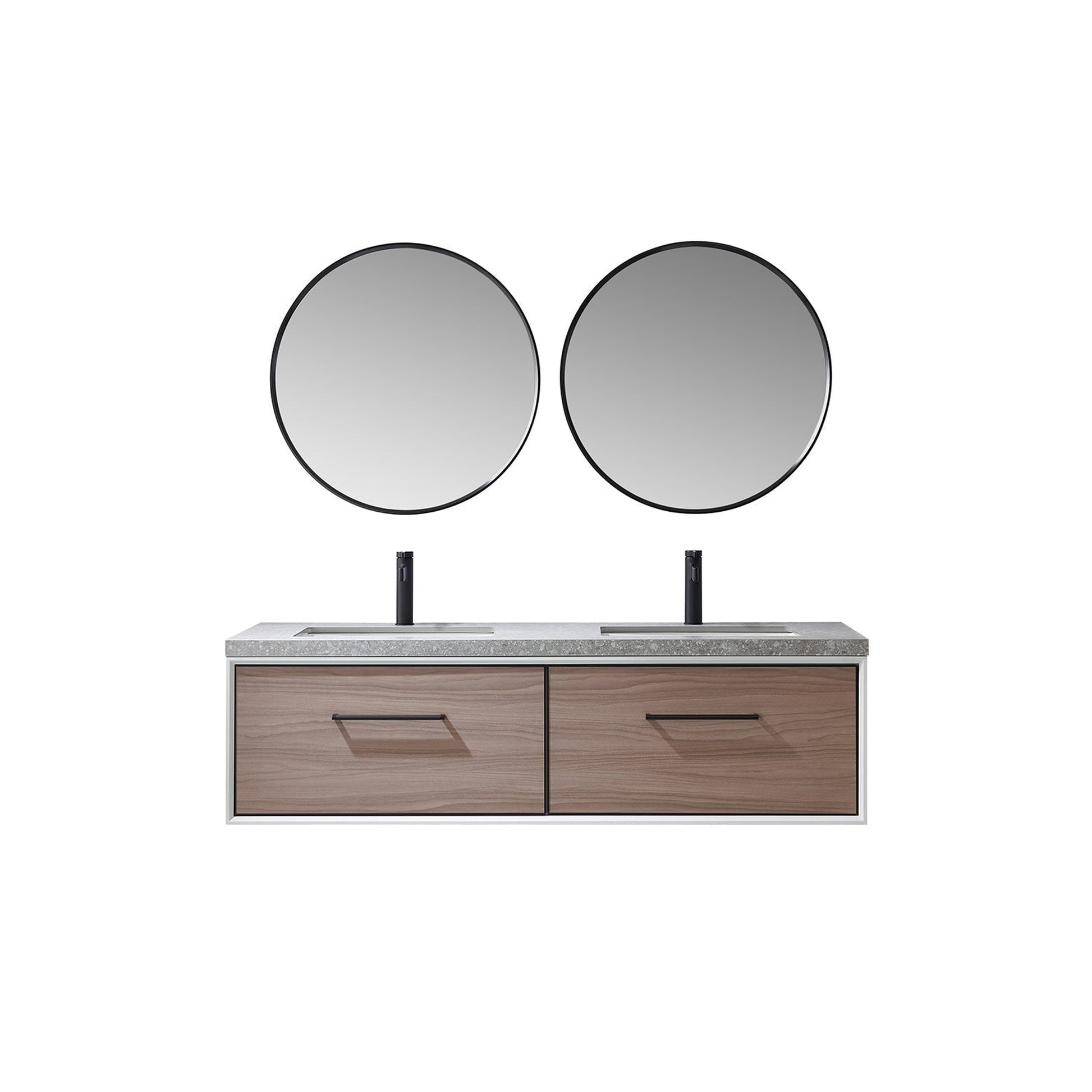 Vinnova Caparroso 60" Double Sink Floating Bathroom Vanity In Light Walnut And Matte Black Hardware Finish With Grey Sintered Stone Top And Mirror