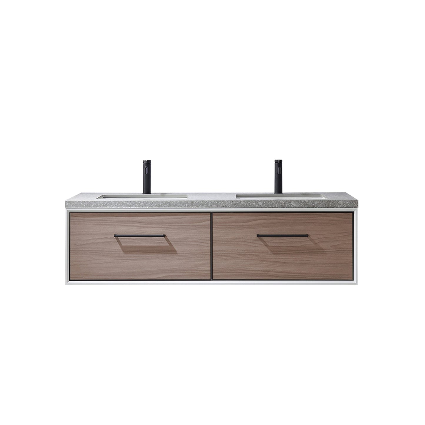 Vinnova Caparroso 60" Double Sink Floating Bathroom Vanity In Light Walnut And Matte Black Hardware Finish With Grey Sintered Stone Top