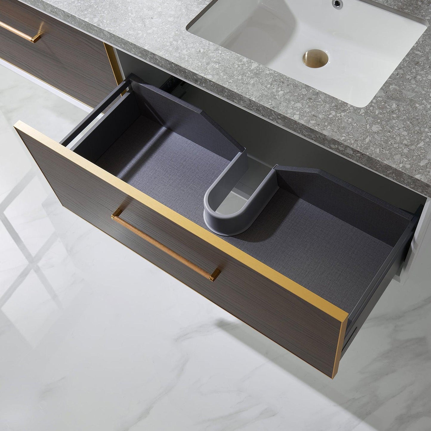 Vinnova Caparroso 72" Double Sink Floating Bathroom Vanity In Dark Walnut And Brushed Gold Hardware Finish With Grey Sintered Stone Top