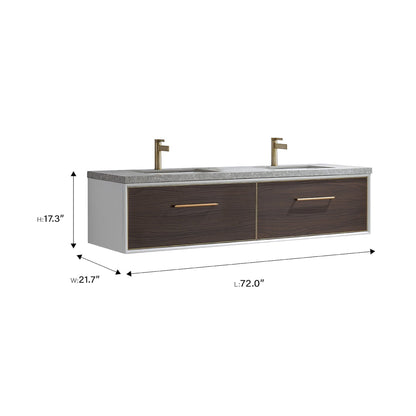 Vinnova Caparroso 72" Double Sink Floating Bathroom Vanity In Dark Walnut And Brushed Gold Hardware Finish With Grey Sintered Stone Top