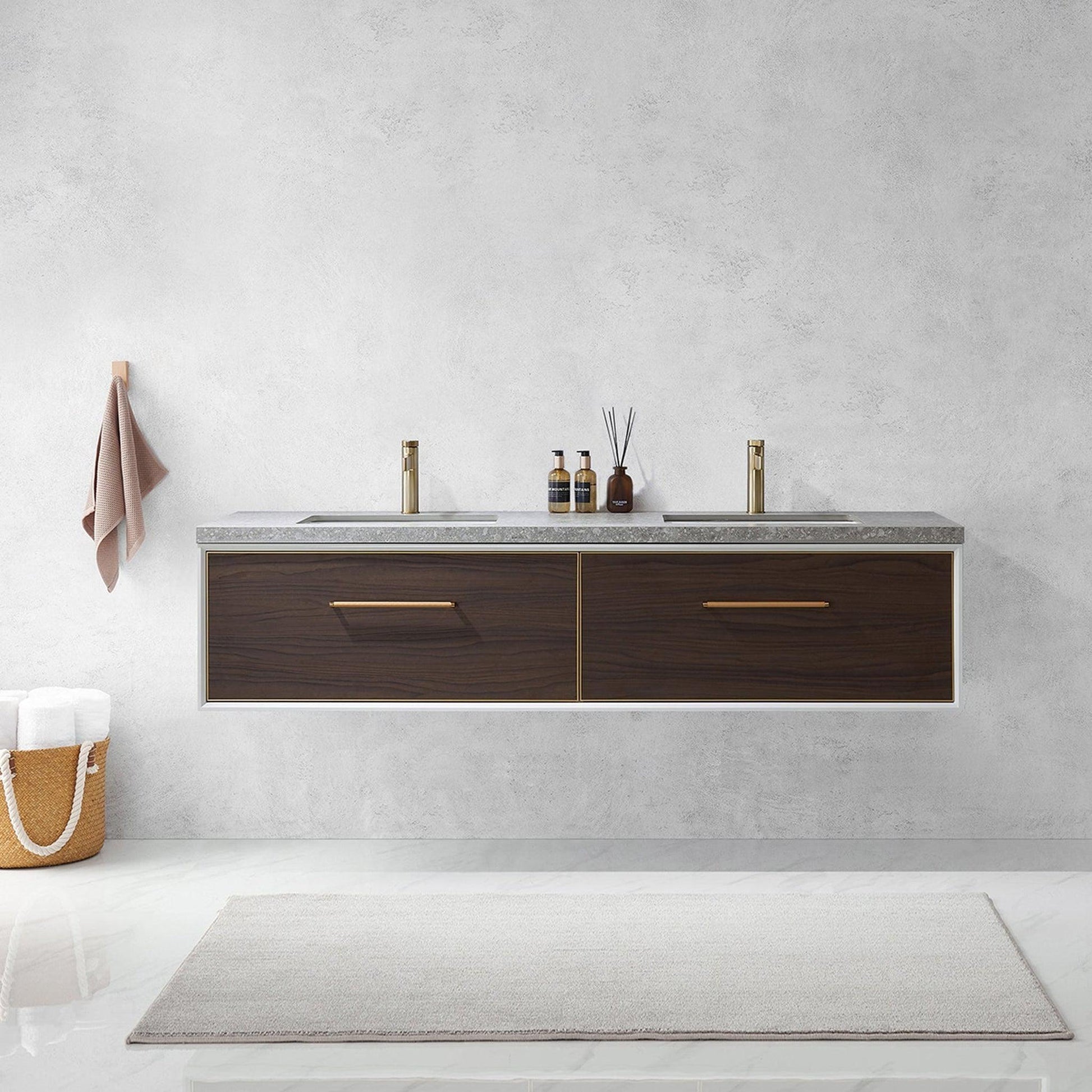 Vinnova Caparroso 72" Double Sink Floating Bathroom Vanity In Dark Walnut And Brushed Gold Hardware Finish With Grey Sintered Stone Top