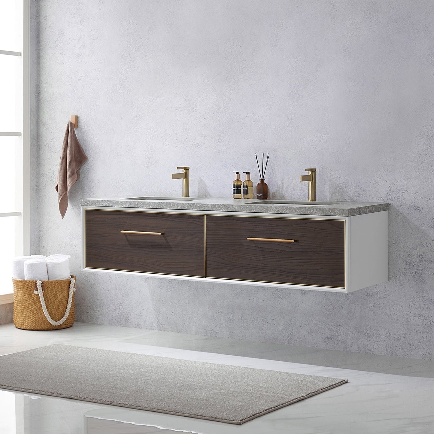 Vinnova Caparroso 72" Double Sink Floating Bathroom Vanity In Dark Walnut And Brushed Gold Hardware Finish With Grey Sintered Stone Top