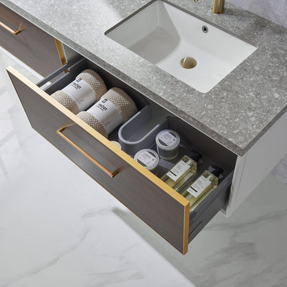 Vinnova Caparroso 72" Double Sink Floating Bathroom Vanity In Dark Walnut And Brushed Gold Hardware Finish With Grey Sintered Stone Top And Mirror