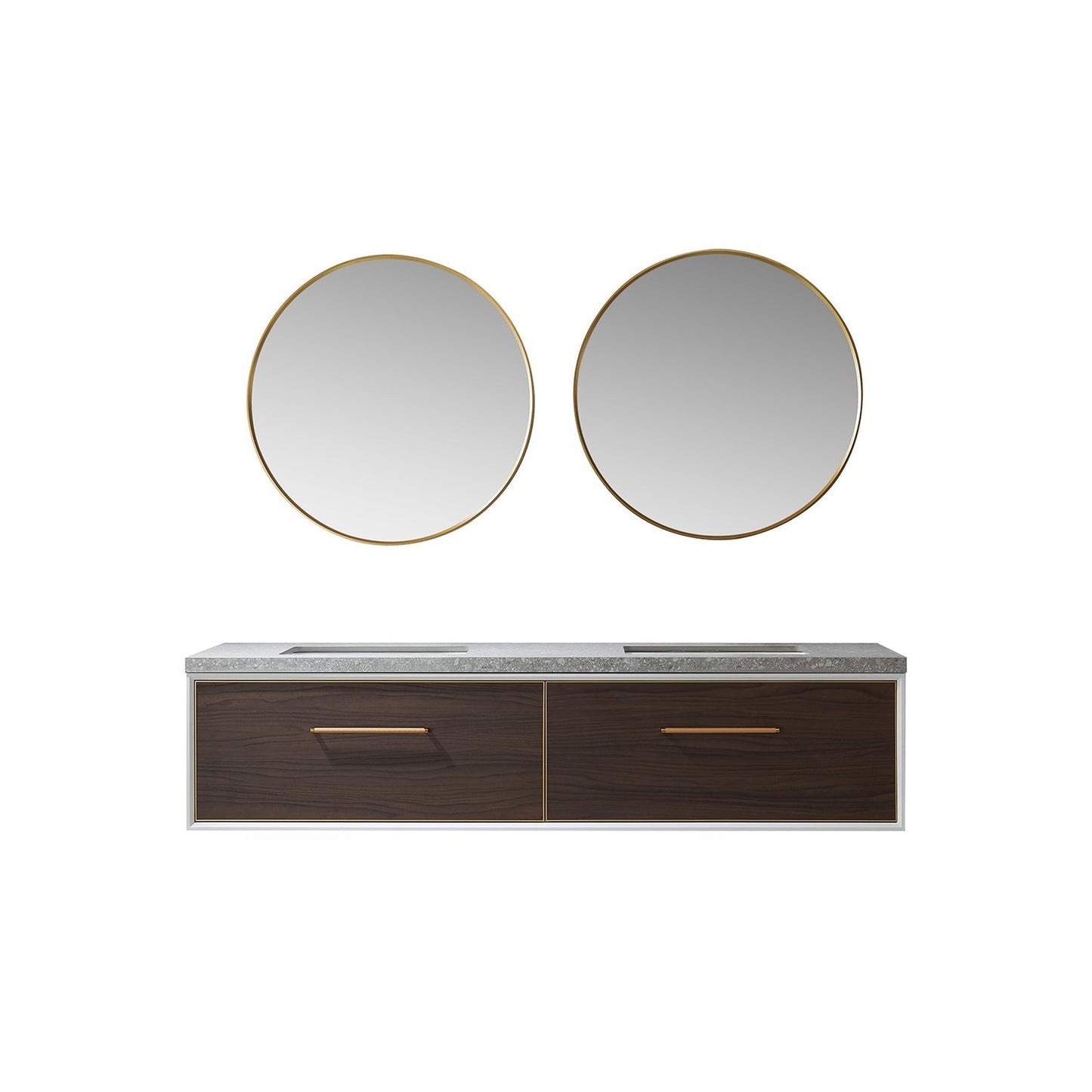 Vinnova Caparroso 72" Double Sink Floating Bathroom Vanity In Dark Walnut And Brushed Gold Hardware Finish With Grey Sintered Stone Top And Mirror