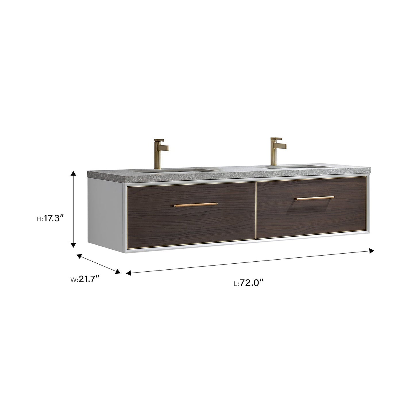 Vinnova Caparroso 72" Double Sink Floating Bathroom Vanity In Dark Walnut And Brushed Gold Hardware Finish With Grey Sintered Stone Top And Mirror