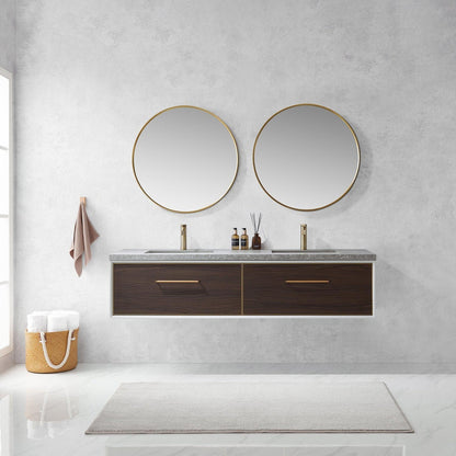 Vinnova Caparroso 72" Double Sink Floating Bathroom Vanity In Dark Walnut And Brushed Gold Hardware Finish With Grey Sintered Stone Top And Mirror