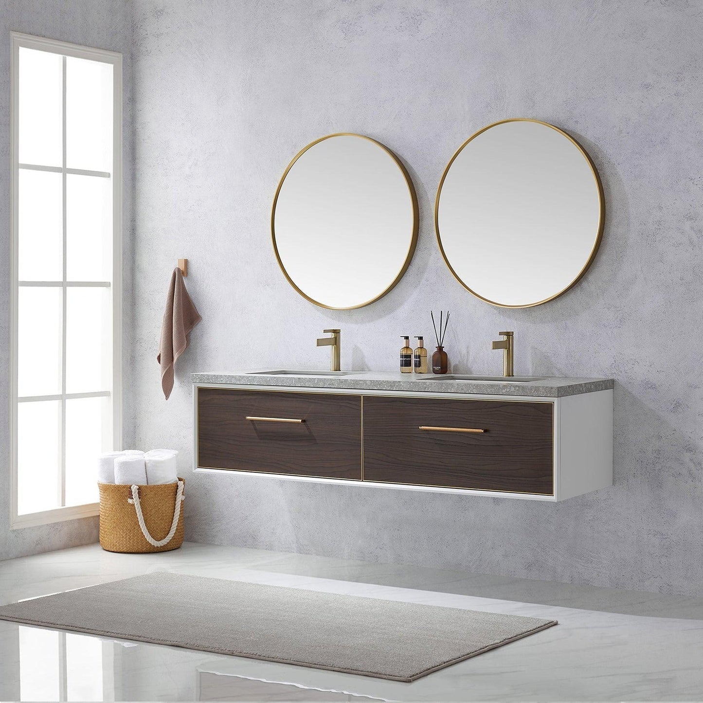 Vinnova Caparroso 72" Double Sink Floating Bathroom Vanity In Dark Walnut And Brushed Gold Hardware Finish With Grey Sintered Stone Top And Mirror