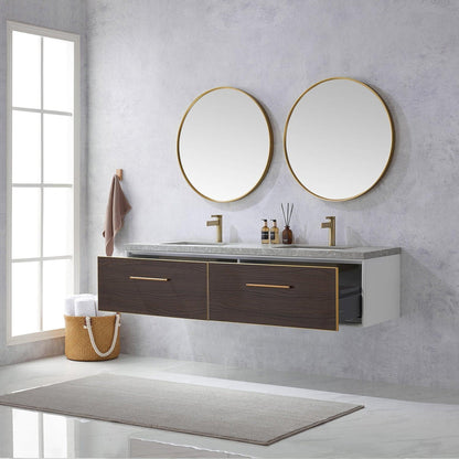 Vinnova Caparroso 72" Double Sink Floating Bathroom Vanity In Dark Walnut And Brushed Gold Hardware Finish With Grey Sintered Stone Top And Mirror