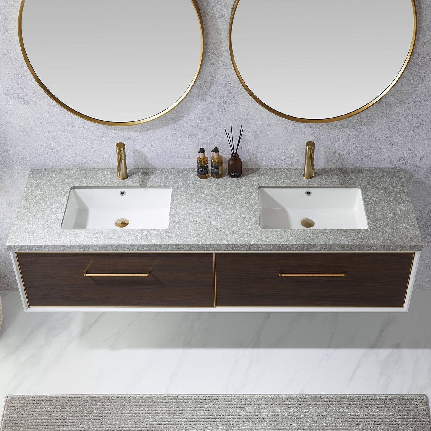 Vinnova Caparroso 72" Double Sink Floating Bathroom Vanity In Dark Walnut And Brushed Gold Hardware Finish With Grey Sintered Stone Top And Mirror