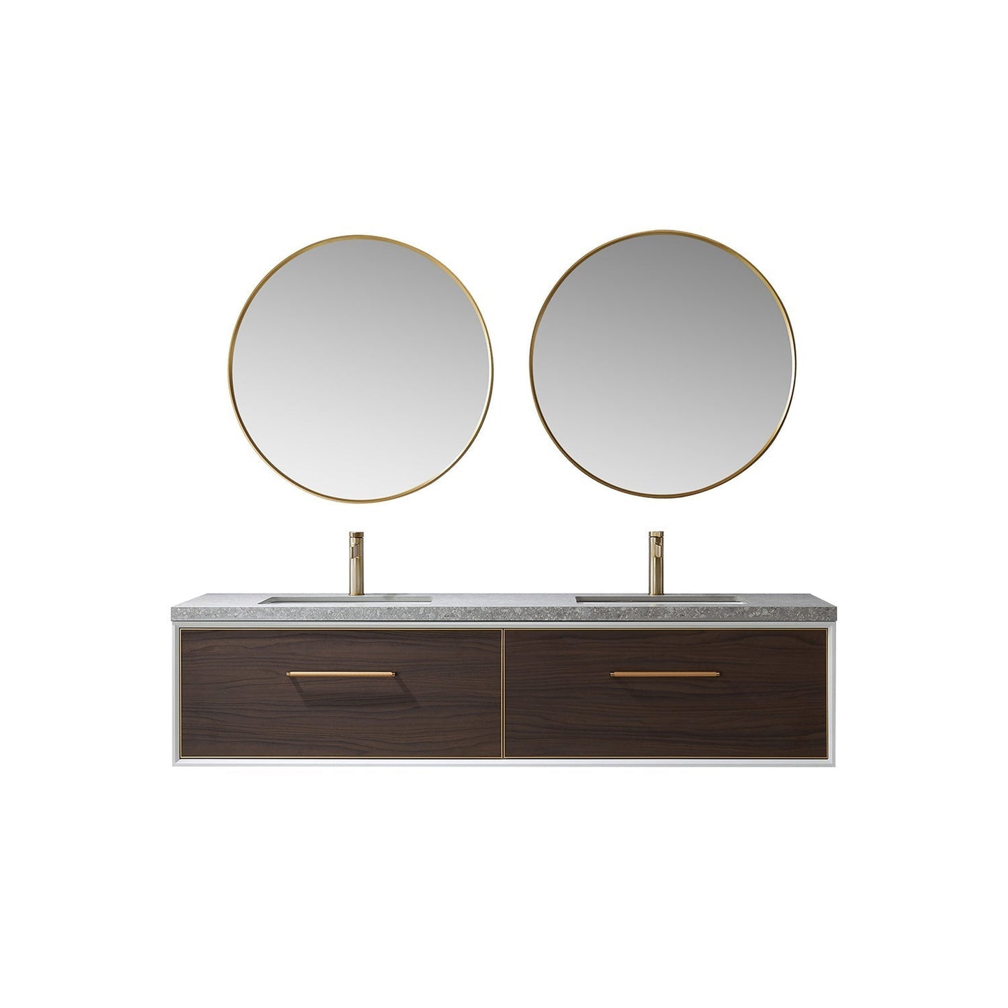 Vinnova Caparroso 72" Double Sink Floating Bathroom Vanity In Dark Walnut And Brushed Gold Hardware Finish With Grey Sintered Stone Top And Mirror