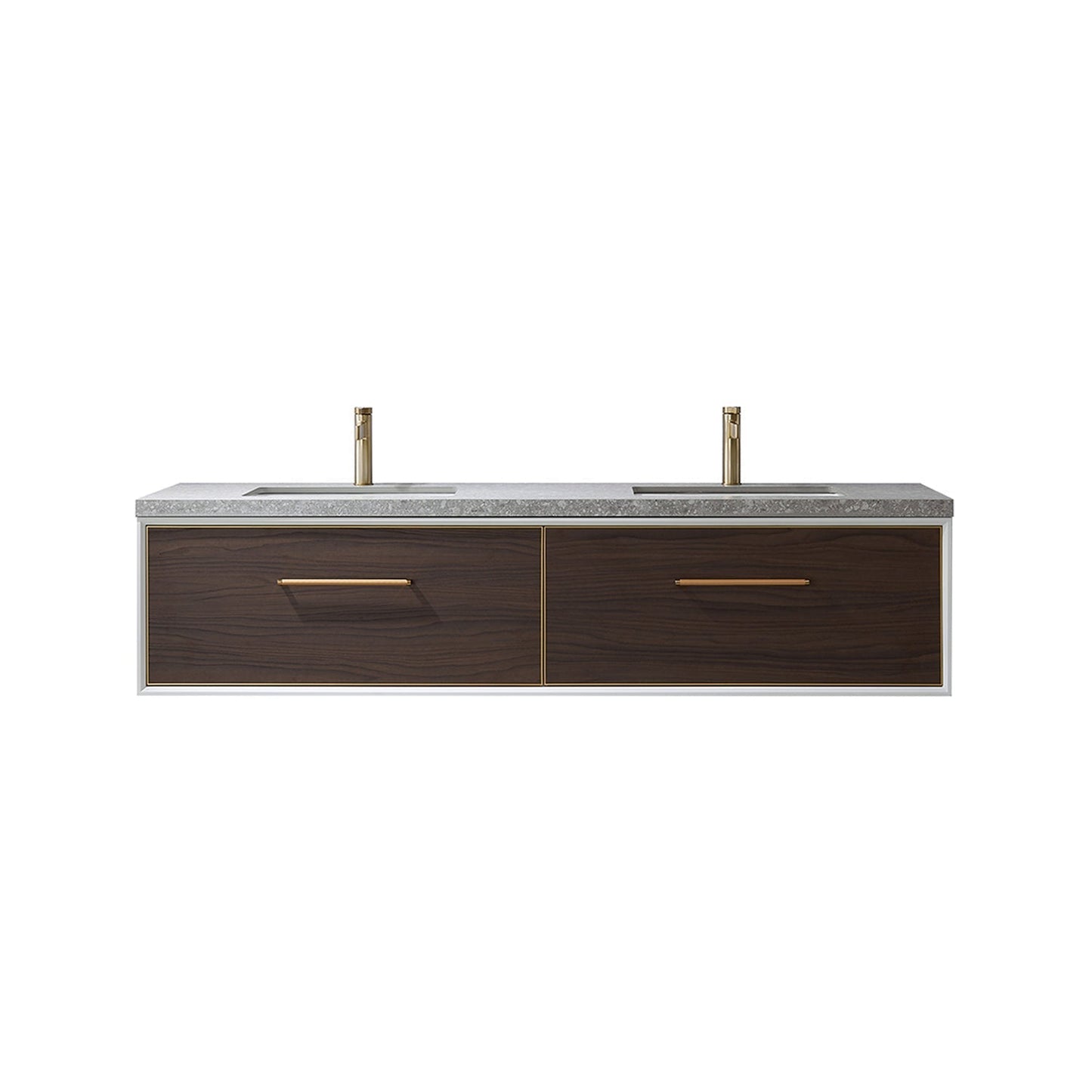 Vinnova Caparroso 72" Double Sink Floating Bathroom Vanity In Dark Walnut And Brushed Gold Hardware Finish With Grey Sintered Stone Top