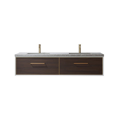 Vinnova Caparroso 72" Double Sink Floating Bathroom Vanity In Dark Walnut And Brushed Gold Hardware Finish With Grey Sintered Stone Top