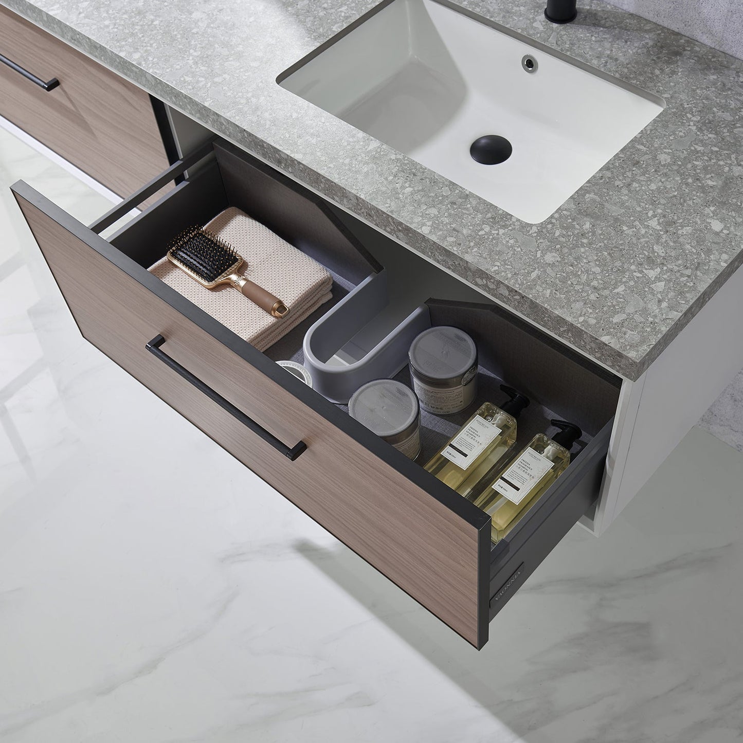 Vinnova Caparroso 72" Double Sink Floating Bathroom Vanity In Light Walnut And Matte Black Hardware Finish With Grey Sintered Stone Top