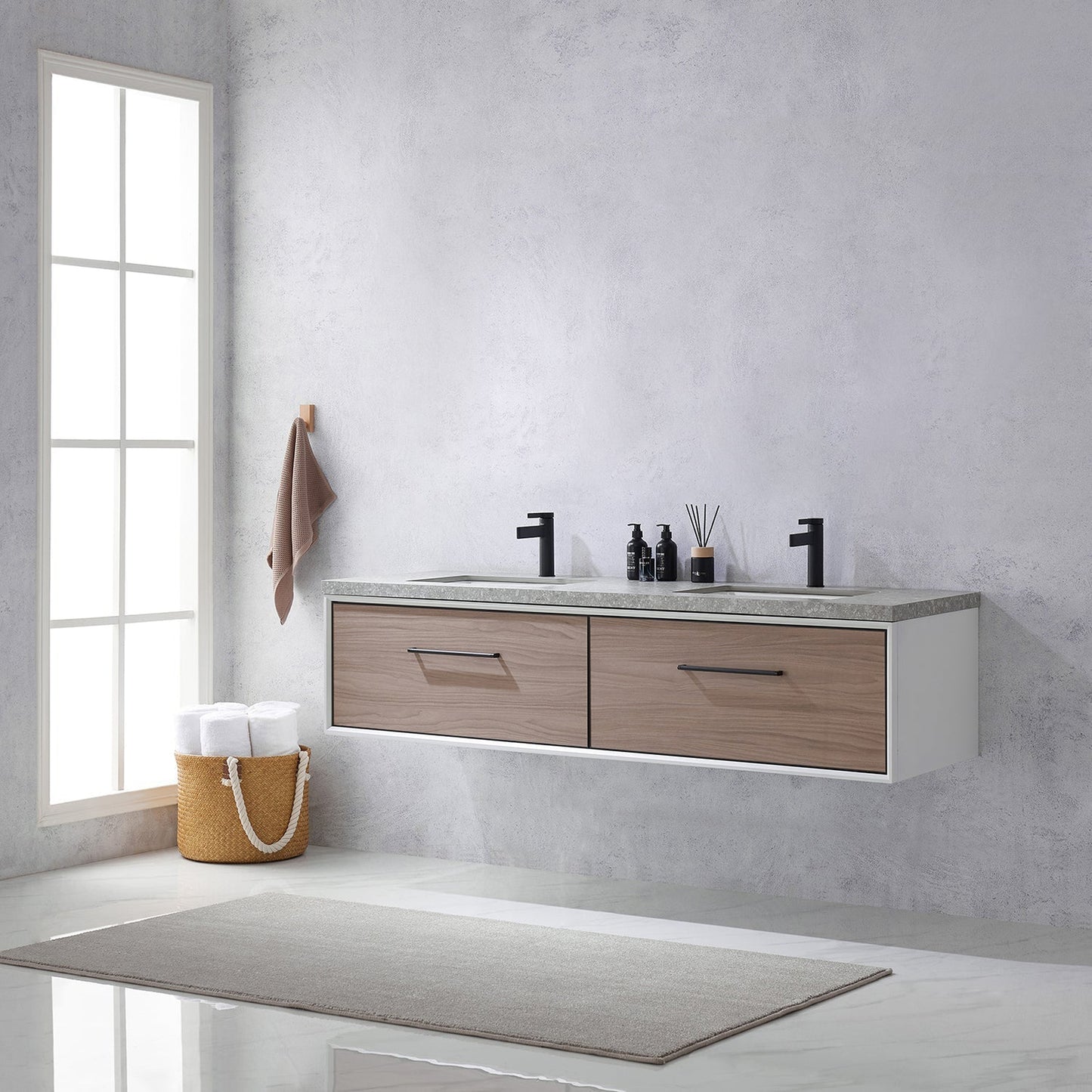 Vinnova Caparroso 72" Double Sink Floating Bathroom Vanity In Light Walnut And Matte Black Hardware Finish With Grey Sintered Stone Top